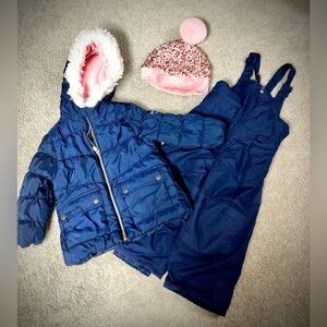Blue Winter Jacket and Snow Pants Set with Pink Hat